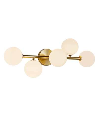 Busdays 5 Light Mid Century Modern gold Led fixture with milk glass, 3 Cct dimmable, semi flush mount for bathroom, kitchen, or dining room.