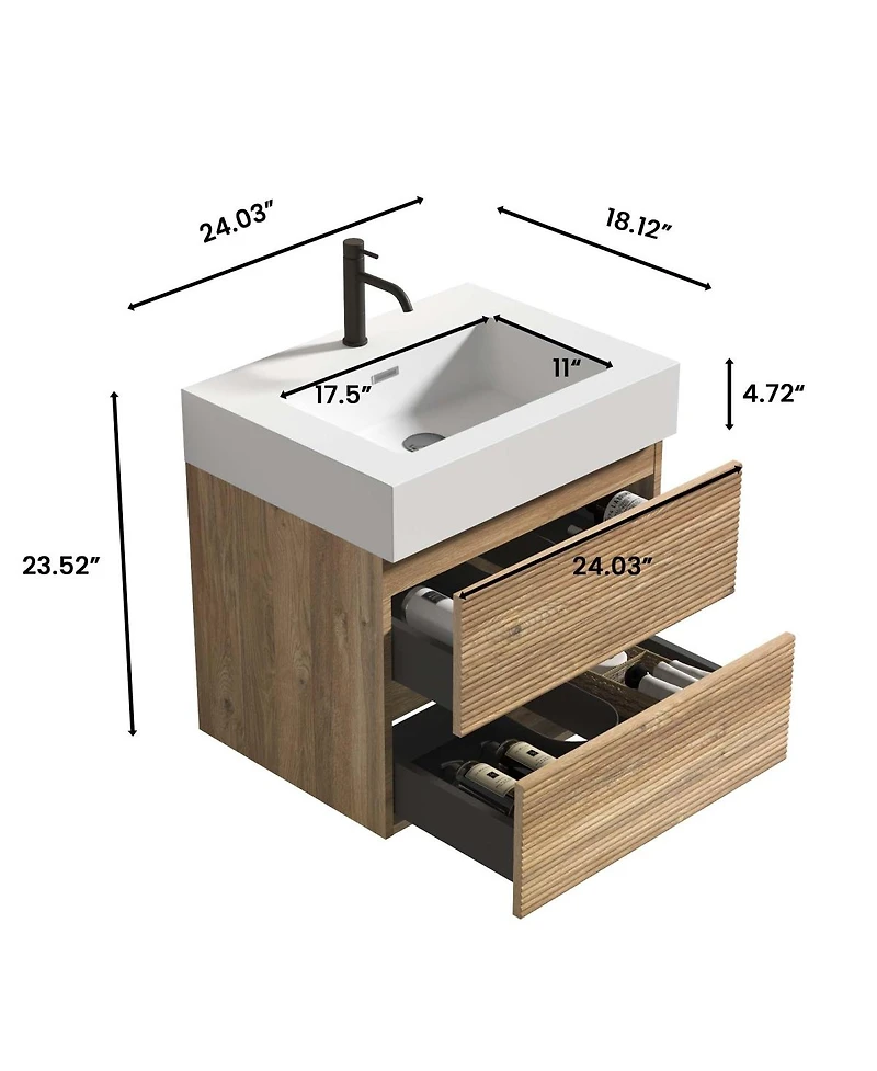 Sillysis Mid-Century Modern Bathroom Vanity with Oak Grille Double Drawers