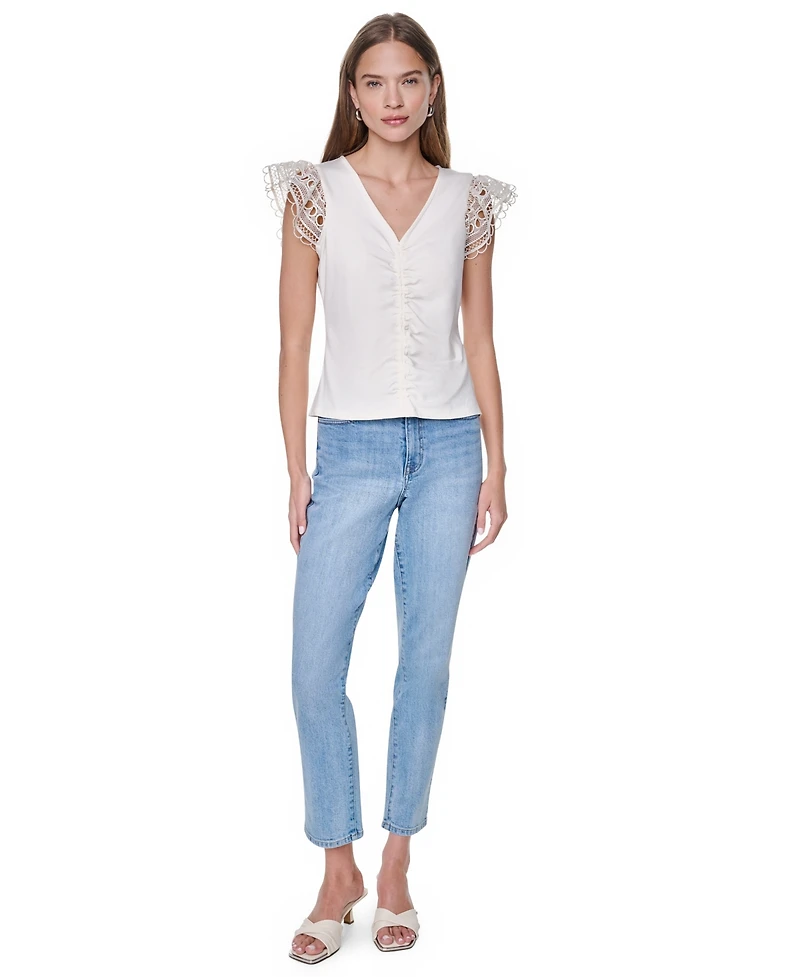 Dkny Women's V-Neck Lace Trim Gathered Top