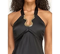 Seni & Cade Juniors' Halter Neck Hardware Trim Satin Long Gown
