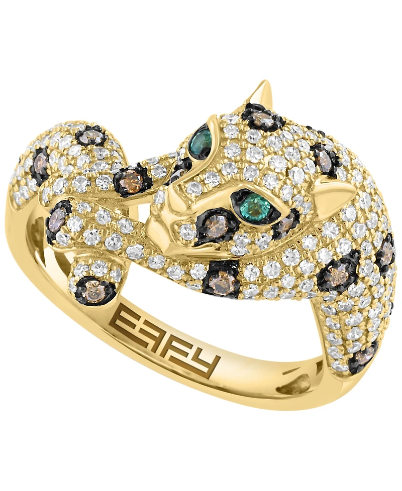 Effy Collection White Diamond (5/8 ct. t.w.), Espresso Diamond (1/5 ct. t.w.) & Emerald Accent Ring in 14k Yellow Gold