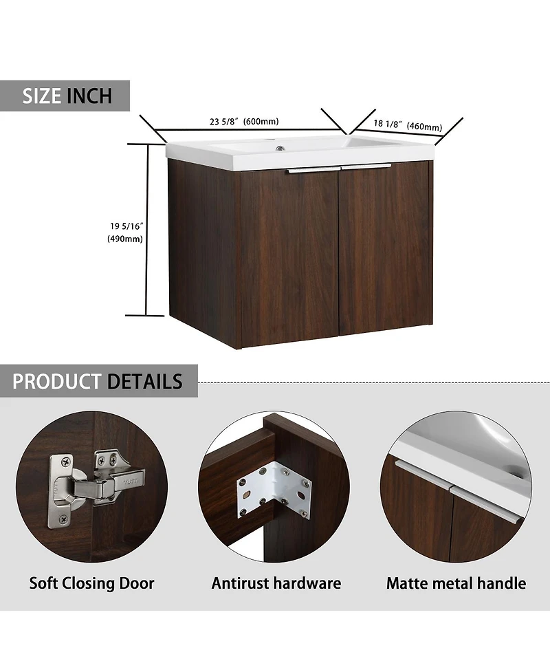 Sillysis Floating Bathroom Vanity with Resin Sink, Modern Plywood Cabinet