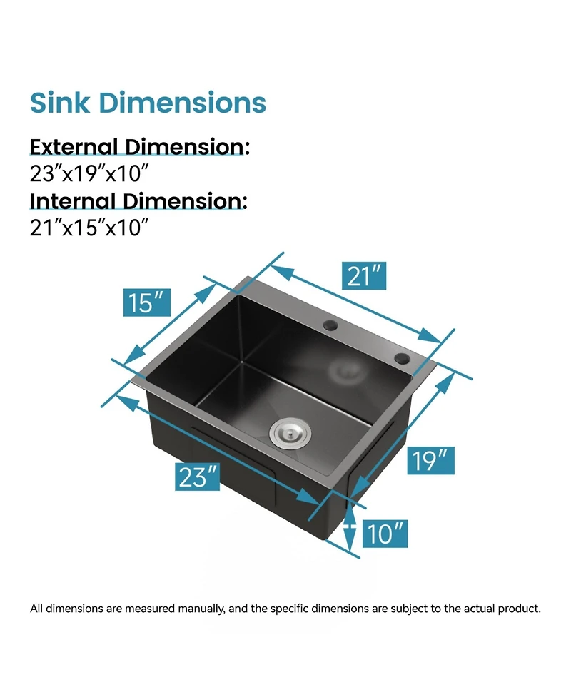 Busdays 23 x 19 Inch Stainless Steel Kitchen Sink Single Bowl Undermount Handmade with Us Standard Drain and Hook