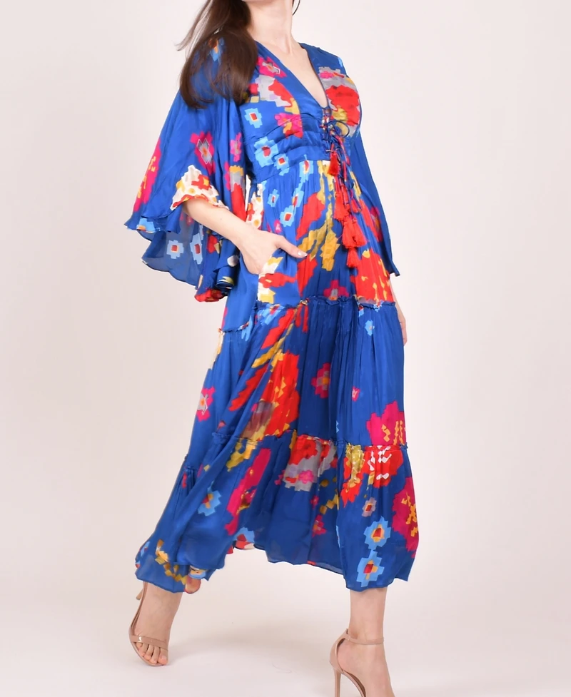 Raas Women's Blue Angel Sleeves Ruffle Maxi Sundress