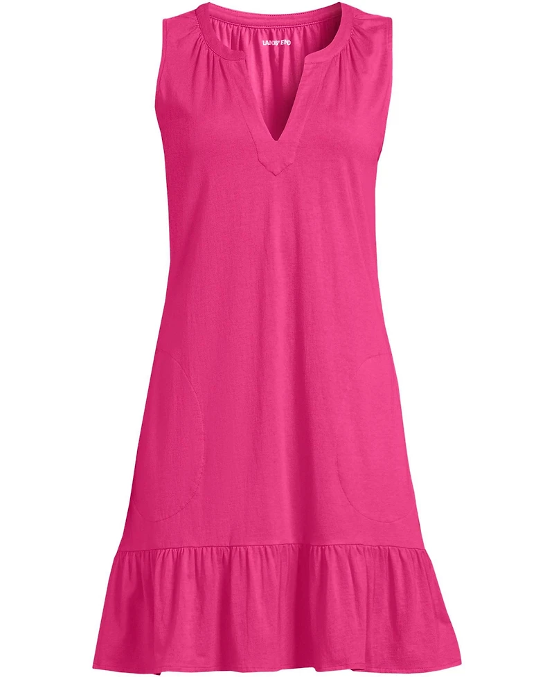 Lands' End Women's Sleeveless Cotton Jersey Notch Neck Flounce Dress
