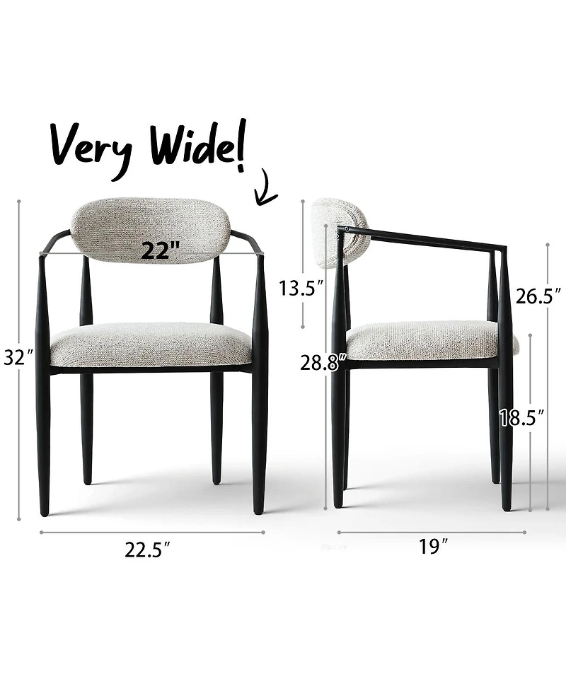 Maison Boucle Wide Upholstered Dining Chairs Set of 2, Metal Legs, Modern Armchair