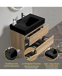 Sillysis Mid-Century Modern Bathroom Vanity with Double Drawers, Quartz Basin