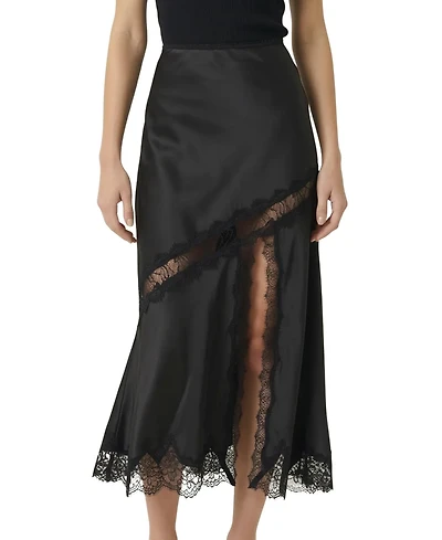 Modenaire Women's Lace-Trim Asymmetric Satin Midi Skirt