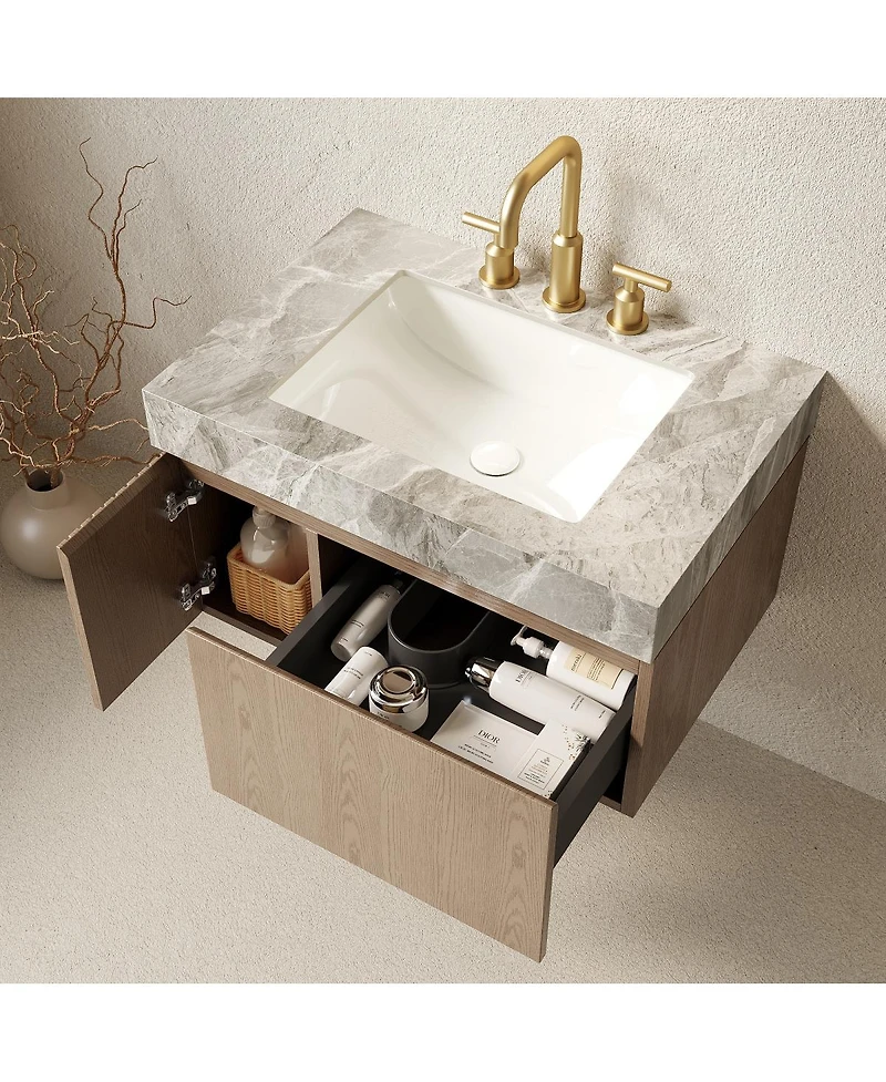 Sillysis Wall Mount Bathroom Vanity with Sintered Stone Top, Ceramic Undermount Sink, Soft Close Storage Cabinet