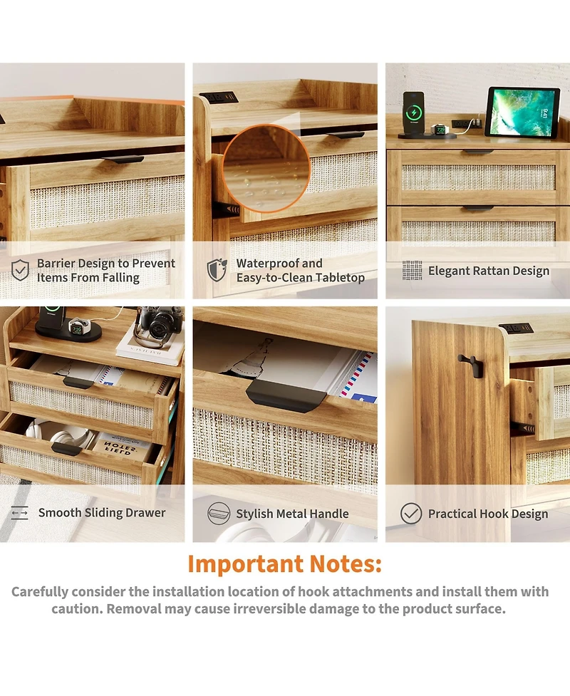 gaomon Home Set of 2 Boho Nightstands, Engineered Wood Bedside Tables with Rattan Drawers Storage