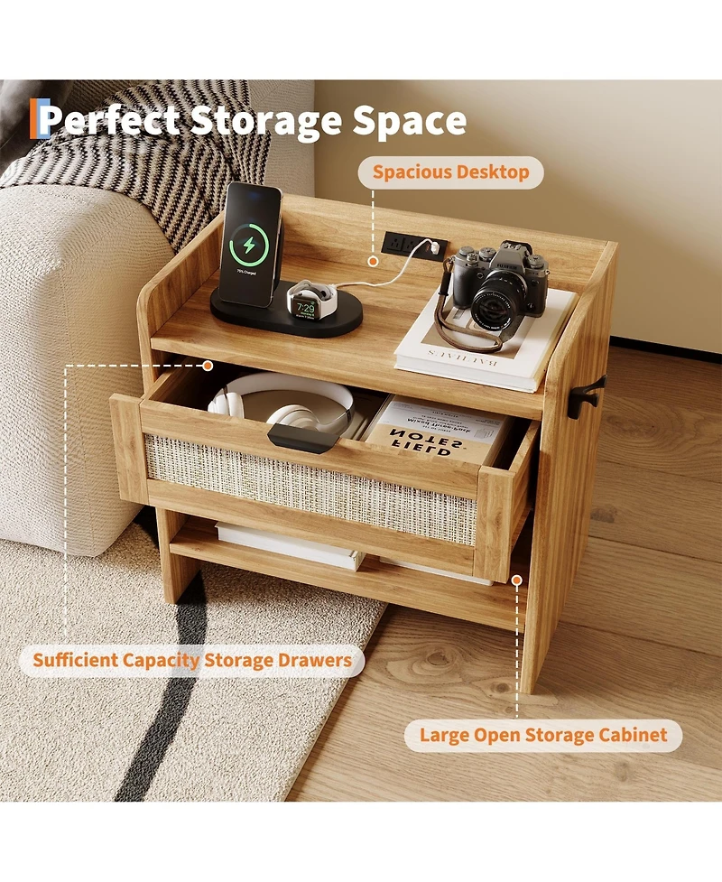 gaomon Home Set of 2 Engineered Wood Rattan Nightstands, Storage End Tables