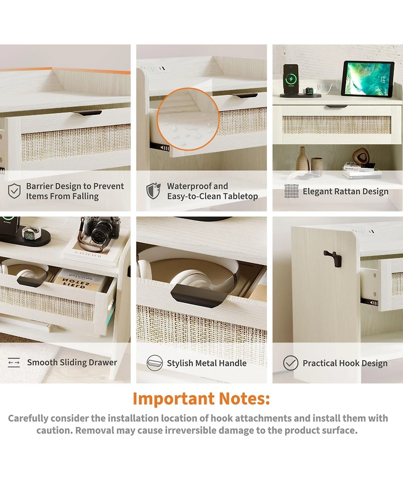 gaomon Home 1-Drawer Nightstand Wood Rattan Storage Side Table