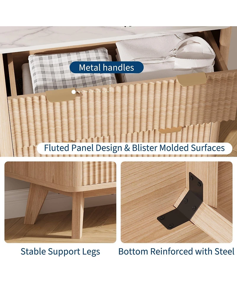 gaomon Home 3-Drawer Fluted Wood Nightstand, Faux Marble Top Bedside Storage Table, 2-Pack
