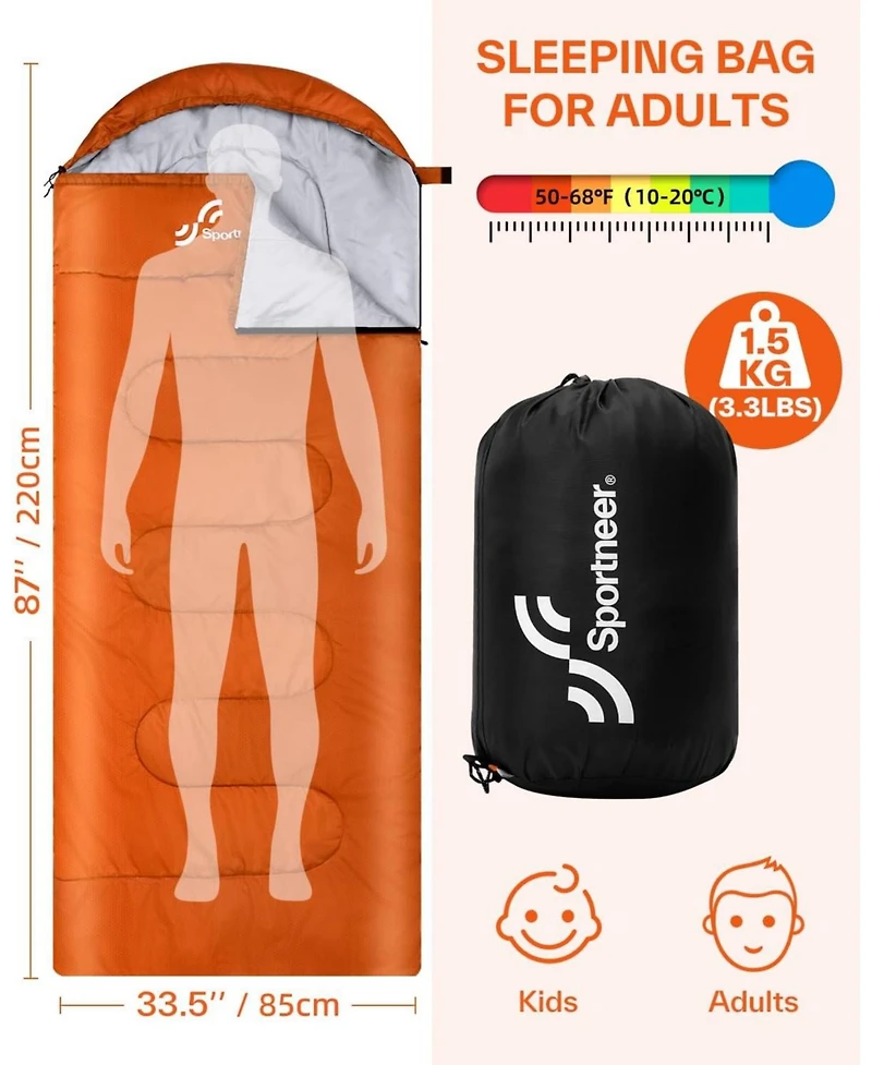 Sportneer Sleeping Bag 3 Season Warm Cold Weather for Adults Kids Boys Girls with Compression Sack Lightweight Camping Essentials Backpacking Hiking