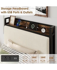 Homfan Upholstered Bed Frame with Storage Headboard, 2 Drawers and Charging Station