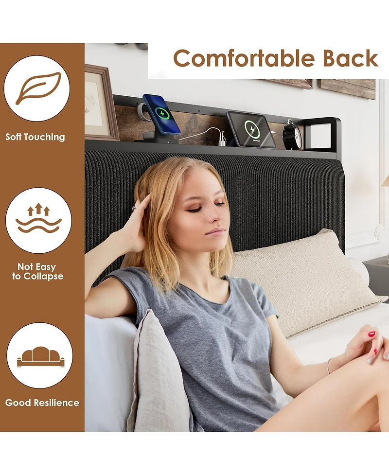 Homfan Upholstered Bed Frame with Storage Headboard, 2 Drawers and Charging Station