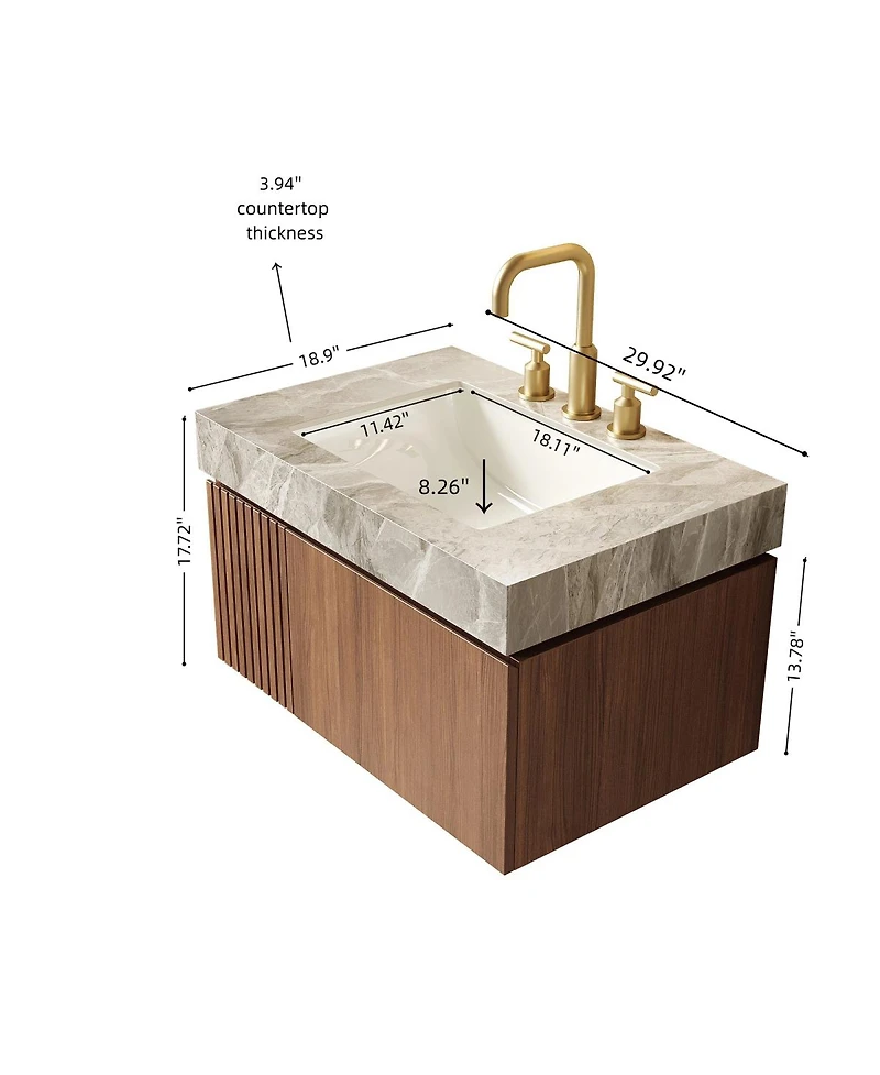 Sillysis 30" Italian Style Bathroom Vanity with Sintered Stone Top, Wall Mounted Floating Cabinet, Soft Close Drawer and Doors