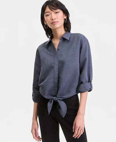 I.n.c. International Concepts Women's Linen-Blend Button-Front Tie-Hem Shirt, Macy's Exclusive