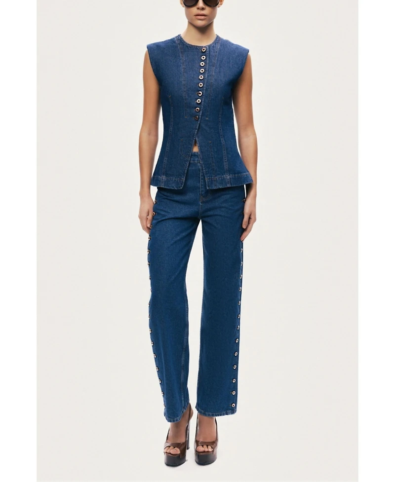 Nocturne Women's Eyelet Detail Wide-Leg Denim Pants