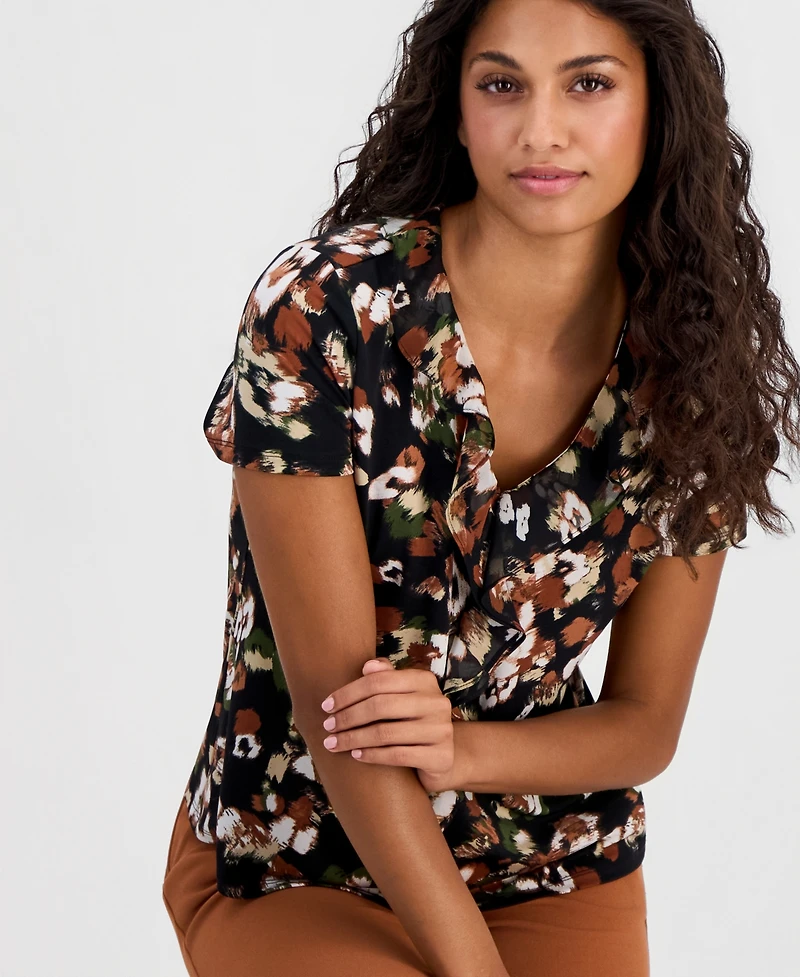 Anne Klein Essentials Petite Printed Ruffle-Trim Short-Sleeve Top