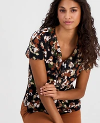 Anne Klein Essentials Petite Printed Ruffle-Trim Short-Sleeve Top