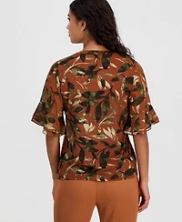 Anne Klein Essentials Petite Printed Ruffle-Sleeve Top