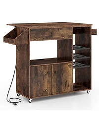 Gouun Drop-Leaf Mobile Kitchen Island Cart with Power Strip and Adjustable Shelf