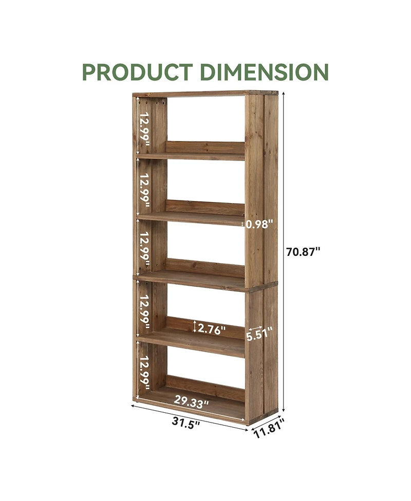 Tribesigns 5-Tier Solid Wood Bookshelf, 70.8" Tall Farmhouse Bookcase with Open Storage Shelves, Freestanding Bookshelves Display Rack