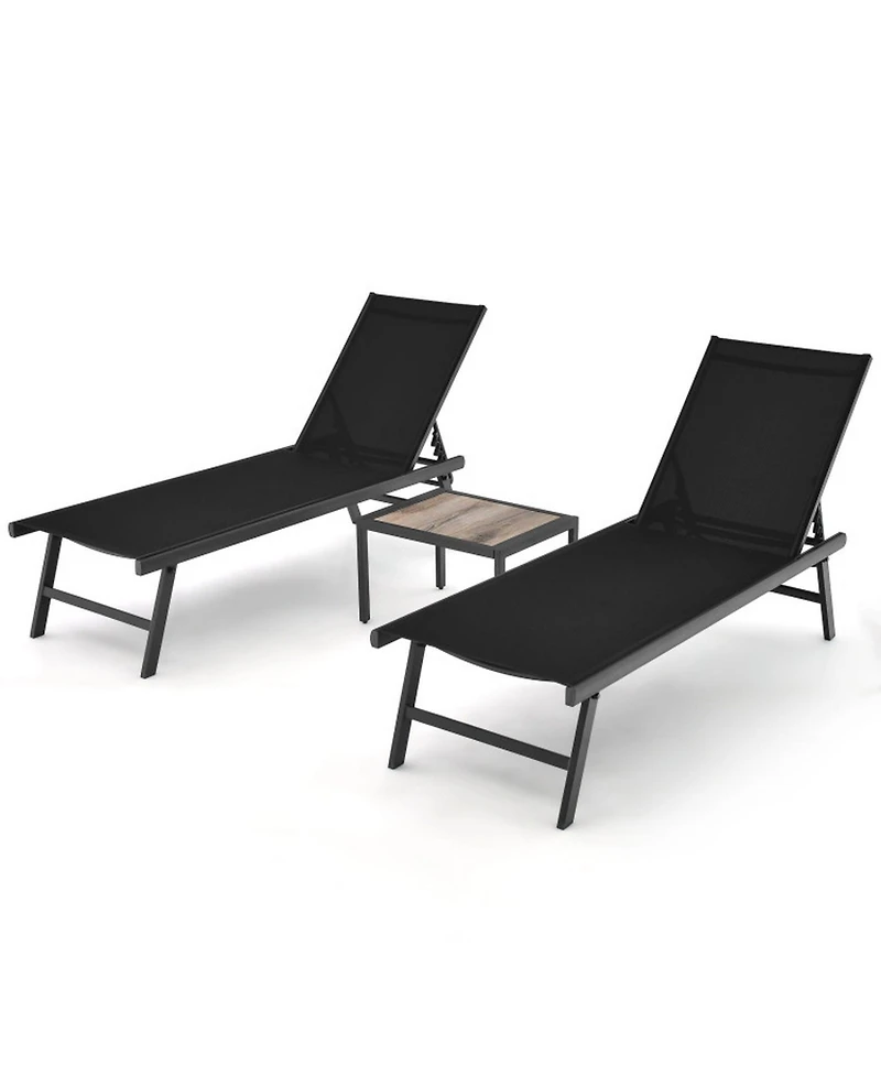 Gouun 3 Piece Patio Chaise Lounge Chair Set with 6-Position Backrest, 2 Loungers and Side Table