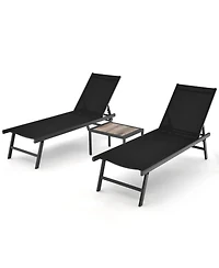 Gouun 3 Piece Patio Chaise Lounge Chair Set with 6-Position Backrest, 2 Loungers and Side Table