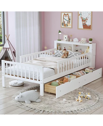Rainsken Kids Twin Bed Frame, Wooden Platform with Headboard Storage Rack, 2 Under-Bed Drawers and 3-Side Guardrails for Bedroom