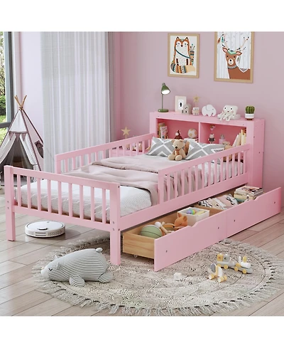 Rainsken Kids Twin Bed Frame, Wooden Platform with Headboard Storage Rack, 2 Under-Bed Drawers and 3-Side Guardrails for Bedroom