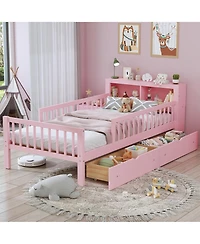 Rainsken Kids Twin Bed Frame, Wooden Platform with Headboard Storage Rack, 2 Under-Bed Drawers and 3-Side Guardrails for Bedroom