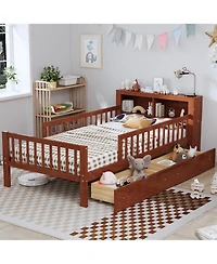 Rainsken Kids Twin Bed Frame, Wooden Platform with Headboard Storage Rack, 2 Under-Bed Drawers and 3-Side Guardrails for Bedroom