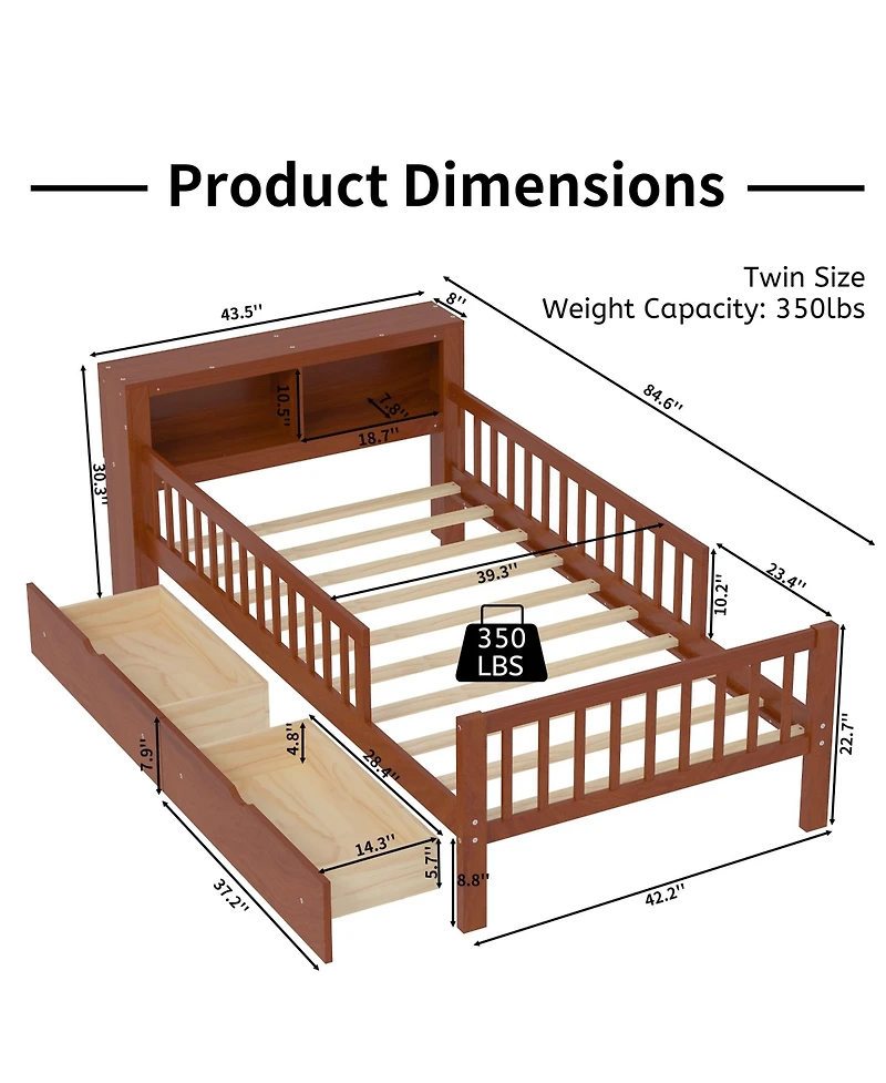 Rainsken Kids Twin Bed Frame, Wooden Platform with Headboard Storage Rack, 2 Under-Bed Drawers and 3-Side Guardrails for Bedroom