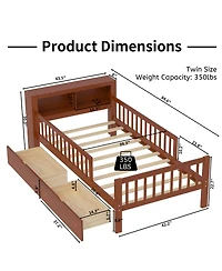 Rainsken Kids Twin Bed Frame, Wooden Platform with Headboard Storage Rack, 2 Under-Bed Drawers and 3-Side Guardrails for Bedroom