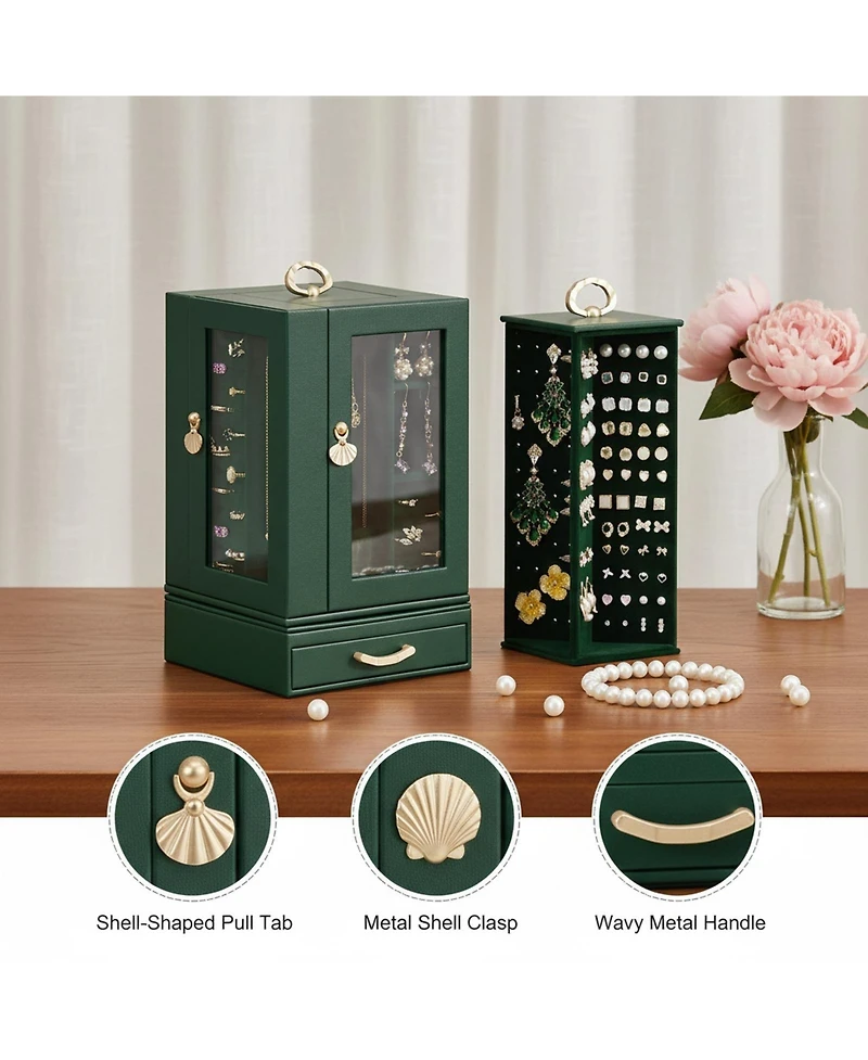 Yigii Large Jewelry Organizer Box with Drawer Compartments Hooks Slots 360 Rotating Pu Leather Lining Transparent Window
