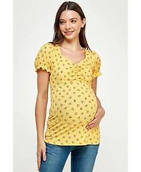 Hello Miz Maternity Ribbed Floral Ruched Front Puff Sleeve Top