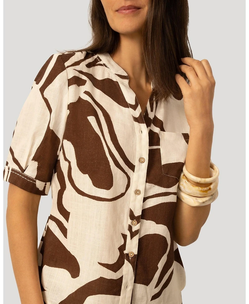 Cable & Gauge Women's Printed Linen Blend Button Front Top