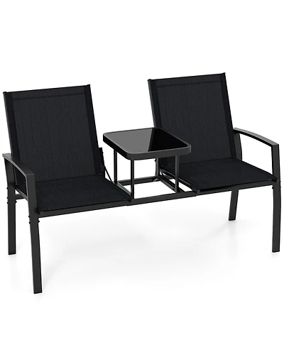 Slickblue Patio Loveseat with Built-in Table with Breathable Fabric Back