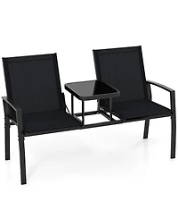 Slickblue Patio Loveseat with Built-in Table with Breathable Fabric Back