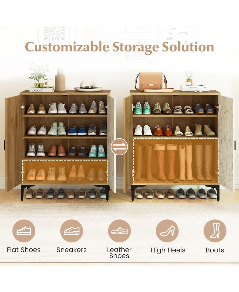Sugift 4 Tier Farmhouse Shoe Storage Cabinet with Removable Shelves and Metal Legs-Oak