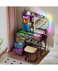 Vlsrka Led Vanity Desk Set with Rgb Mirror, Charging Station & Chair