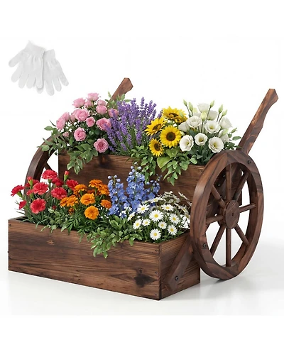 Gouun Rustic Carbonized Wood Wagon Planter with 2-Tier Design
