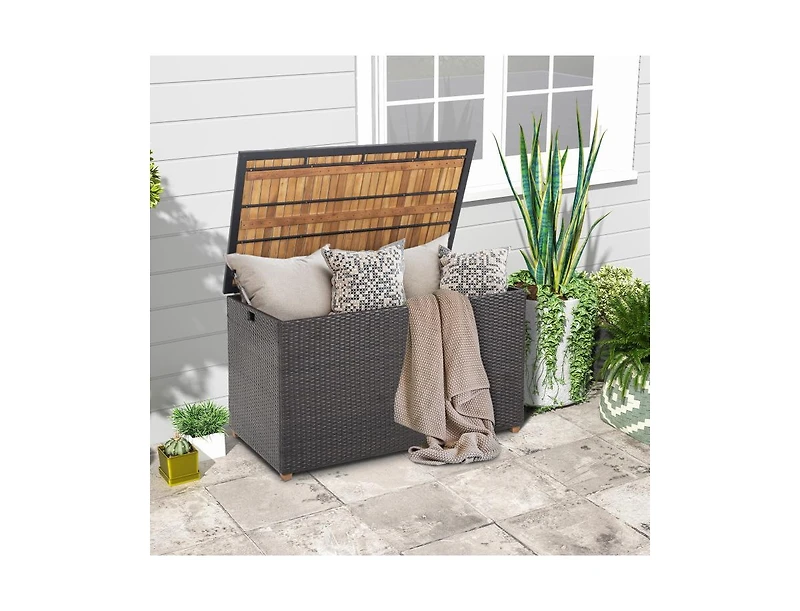 sumyeg 134 Gallon Rattan Storage Box with Zippered Liner and Solid Acacia Wood Top