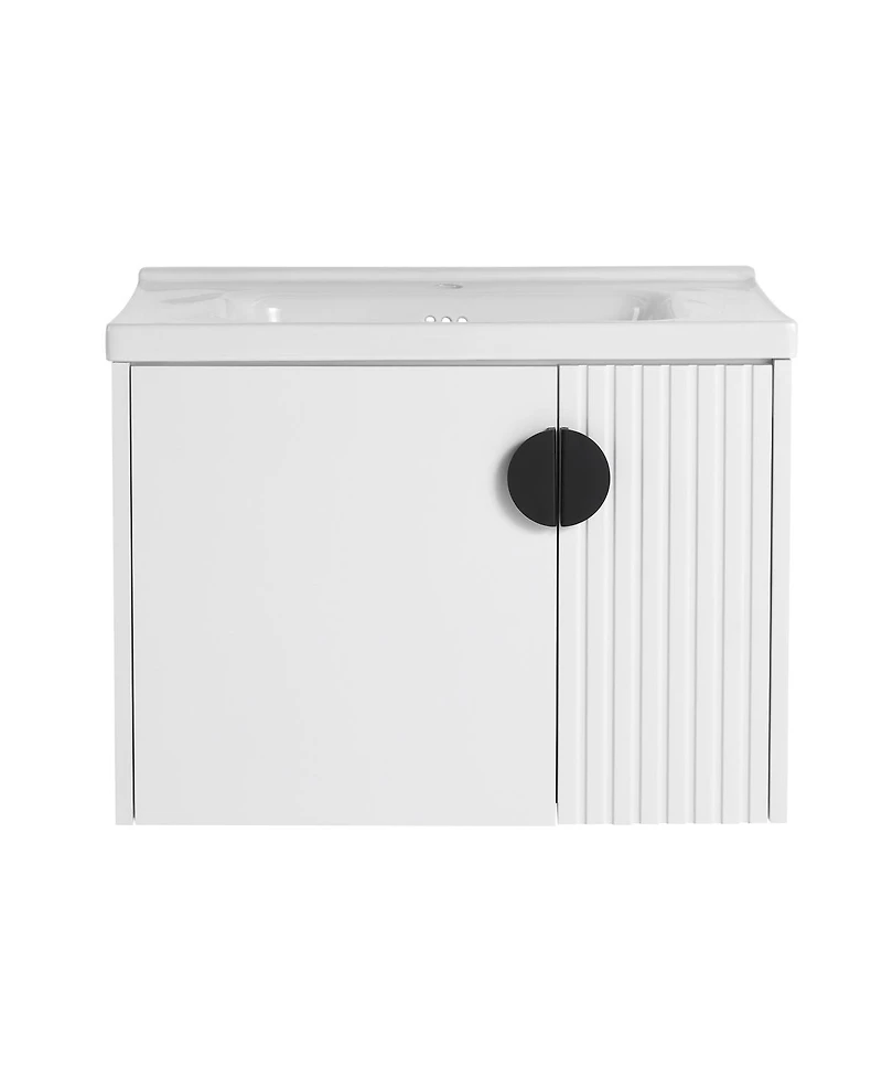 Sillysis Wall Mounted Bathroom Vanity with Ceramic Sink, Floating Cabinet, 2 Soft Close Doors for Small Space