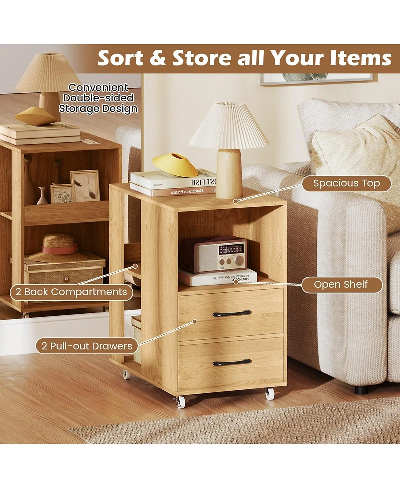 Gymax 2PCS End Table w/Built-in Charging Station Usb Ports Outlets 2 Drawers 3 Shelves
