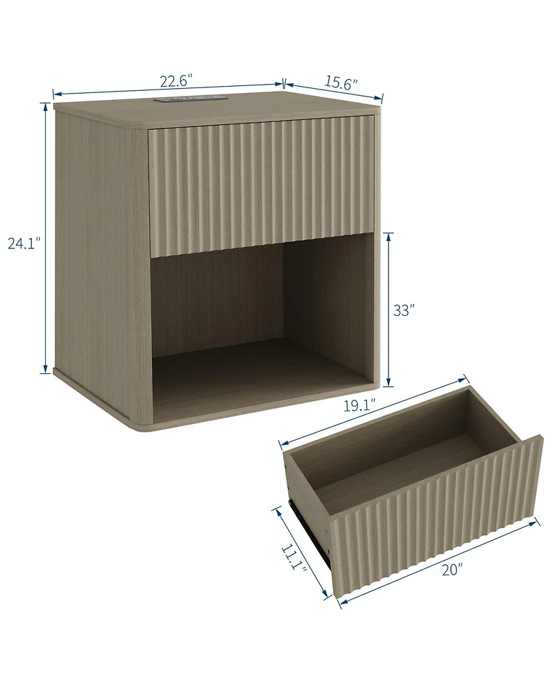 gaomon Home Set of 2 Fluted Wood Nightstands with Drawer, Modern Bedside Tables with Open Shelf