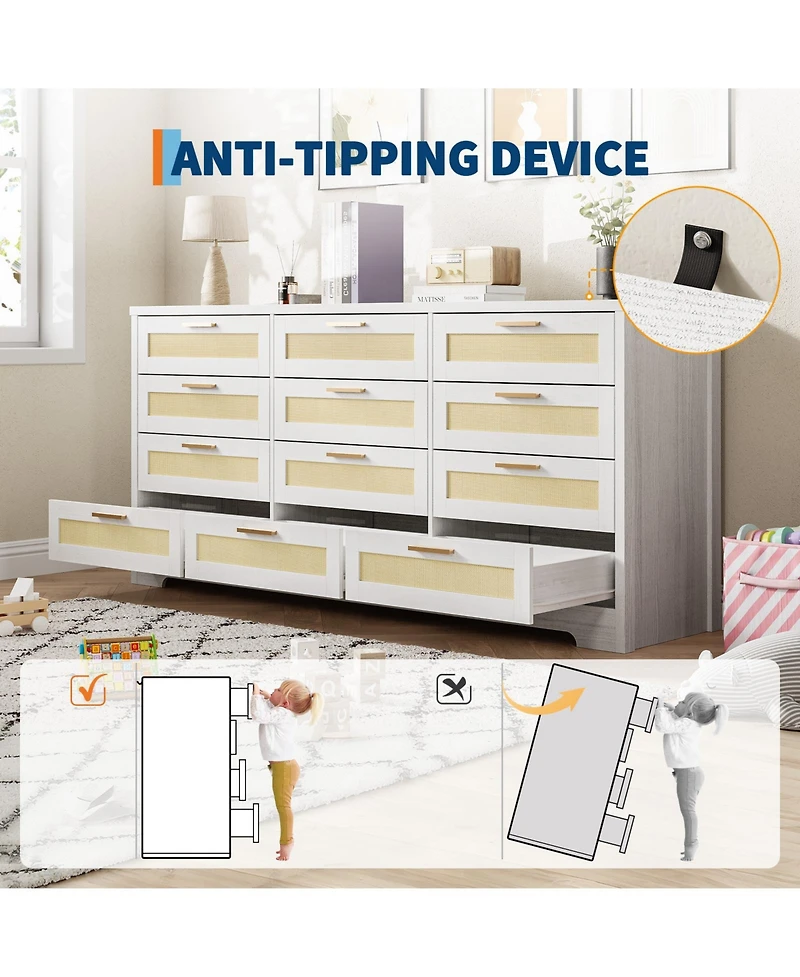 gaomon Bedroom 12-Drawer Dresser, Rattan Wood Chest with Wide Storage Drawers and Tabletop.
