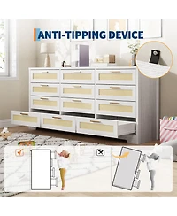 gaomon Bedroom 12-Drawer Dresser, Rattan Wood Chest with Wide Storage Drawers and Tabletop.
